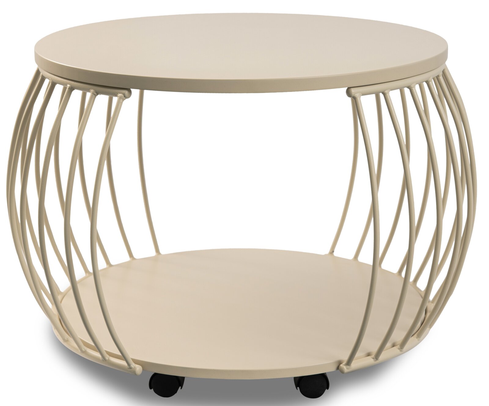 Ronde beige metalen bijzettafel met open draadframe, onderplank en zwenkwielen, gefotografeerd in schuin vooraanzicht op witte achtergrond