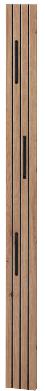 Frontale Ansicht eines modernen Garderobenpaneels aus Holz mit schwarzen Akzenten und mehreren Haken.