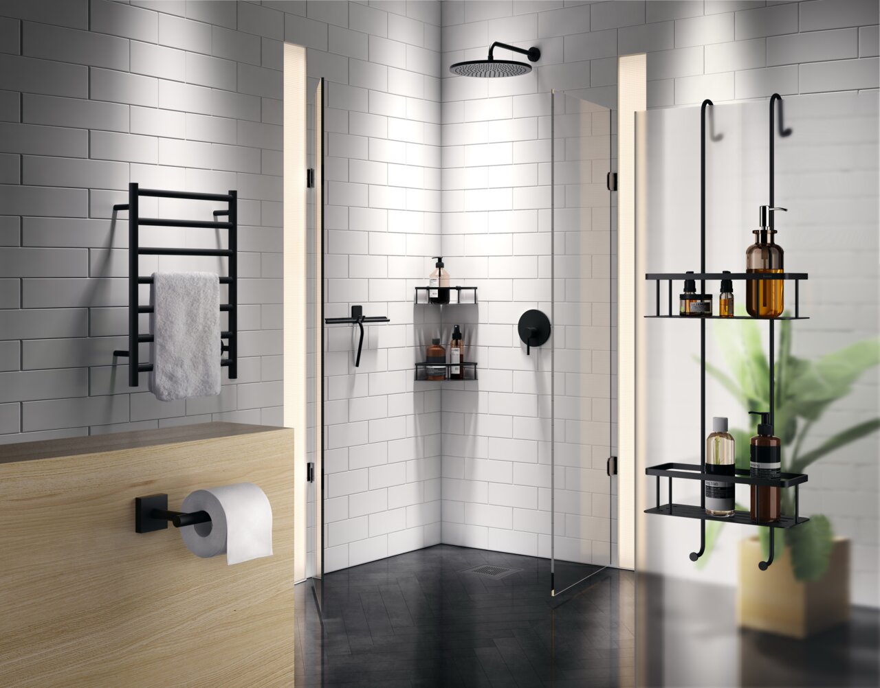 Moderne douchewisser in zwart, bevestigd aan een glazen douchewand, in een stijlvolle badkamer met witte tegels en zwarte accenten.