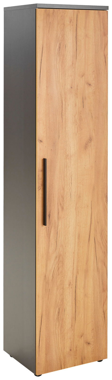 Schmaler Aktenschrank mit Holzoptik und schwarzem Griff, seitliche Perspektive