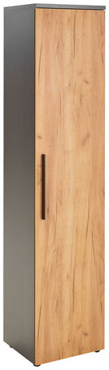 Schmaler Aktenschrank mit Holzoptik und schwarzem Griff, seitliche Perspektive