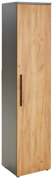 Schmaler Aktenschrank mit Holzoptik und schwarzem Griff, seitliche Perspektive