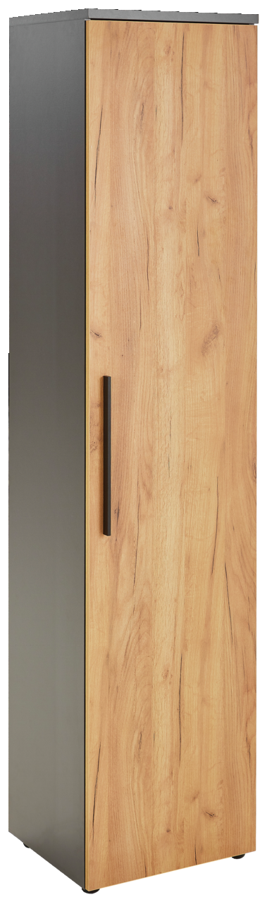 Novel Aktenschrank 5OH schmal RENTON Schmaler Aktenschrank mit Holzoptik und schwarzem Griff, seitliche Perspektive