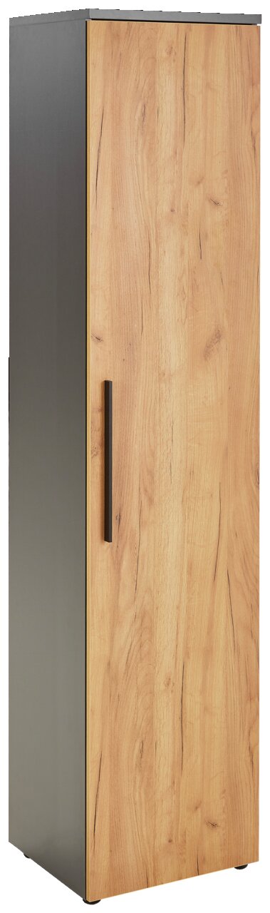 Schmaler Aktenschrank mit Holzoptik und schwarzem Griff, seitliche Perspektive