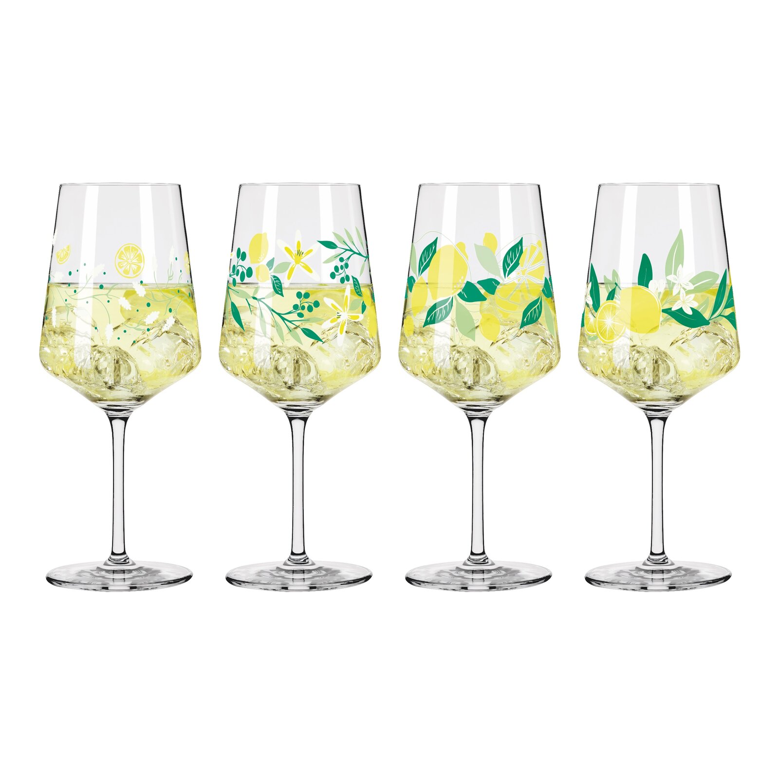Ritzenhoff Limoncello 4er-Set SOMMERTAU Vier Weingläser mit Zitronen- und Blumenmotiven, gefüllt mit einem gelben Getränk und Eiswürfeln, frontal betrachtet.