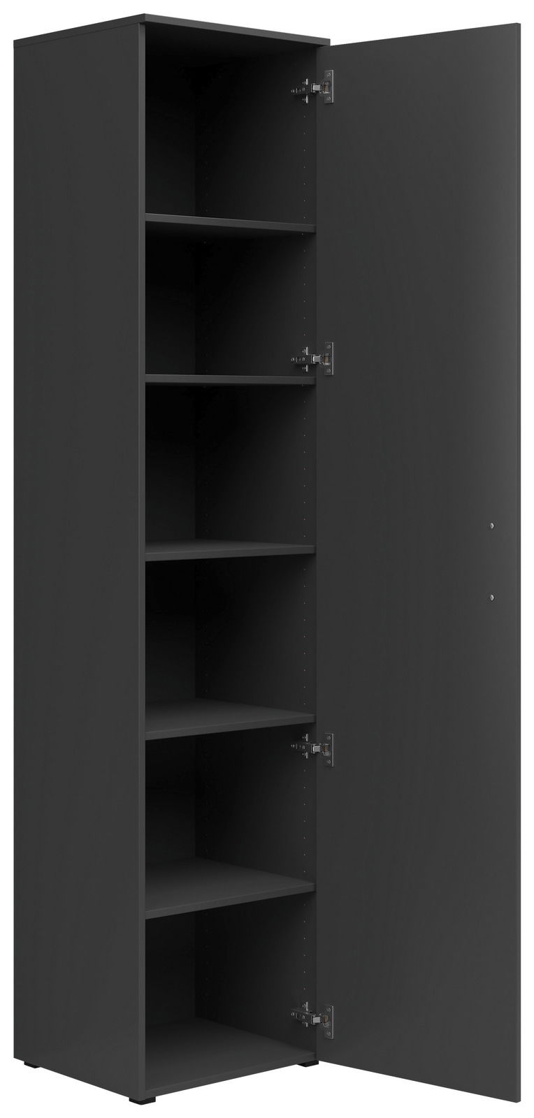 Schwarzer Mehrzweckschrank mit geöffneter Tür, fünf verstellbare Einlegeböden, seitliche Perspektive