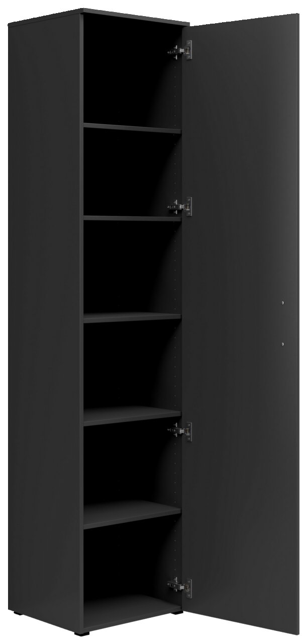 Schwarzer Mehrzweckschrank mit geöffneter Tür, fünf verstellbare Einlegeböden, seitliche Perspektive
