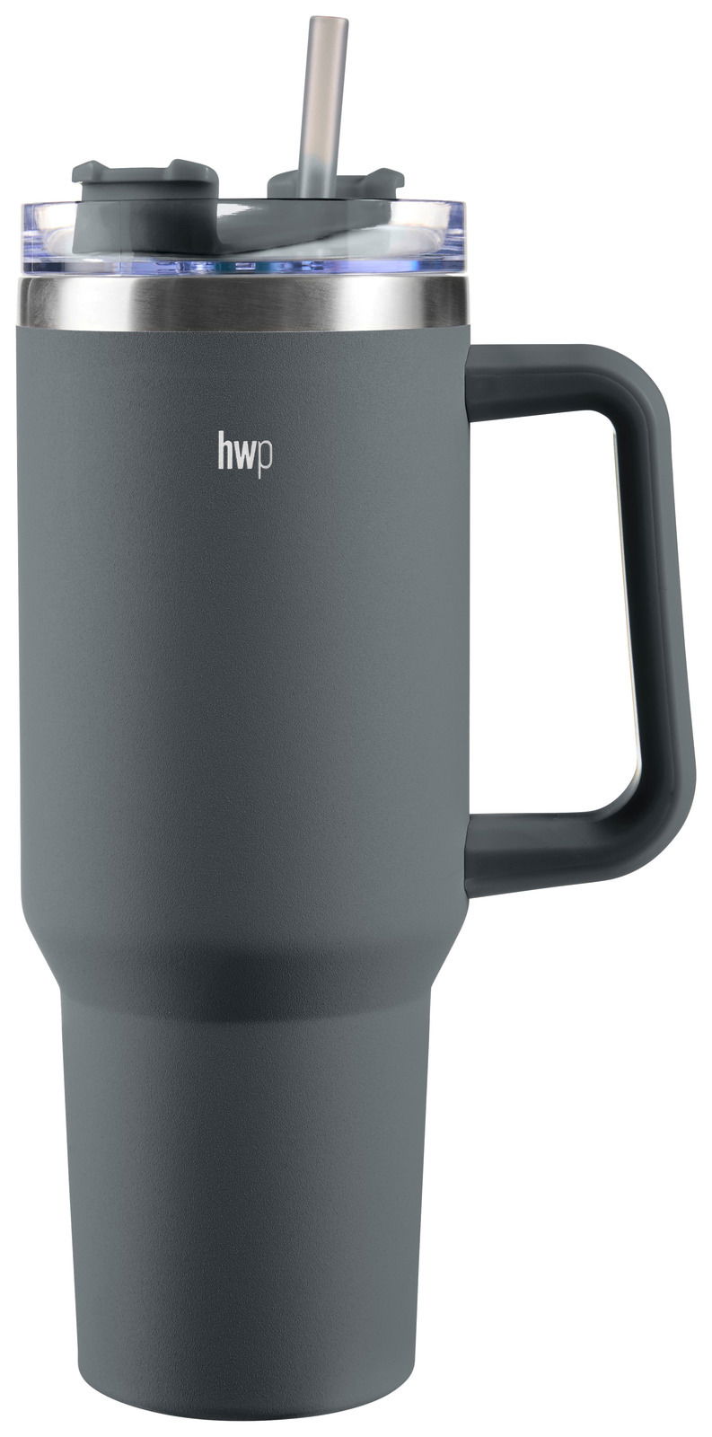 Homeware Thermobecher Grauer Thermobecher mit Henkel und Trinkhalm, seitliche Ansicht