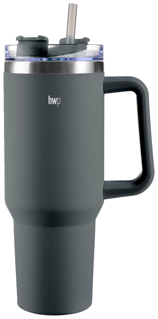 Grauer Thermobecher mit Henkel und Trinkhalm, seitliche Ansicht