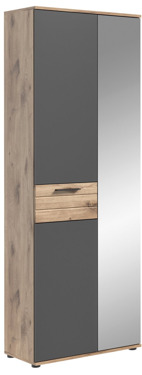 Moderner Garderobenschrank mit Holz- und Spiegelelementen, seitliche Perspektive
