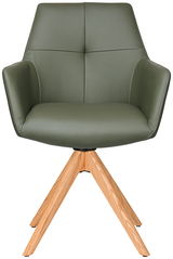 Grüner Armlehnstuhl mit Holzbeinen, Frontalansicht