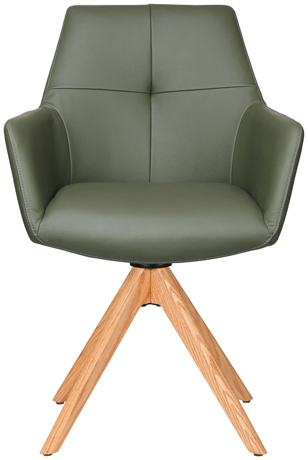 Grüner Armlehnstuhl mit Holzbeinen, Frontalansicht