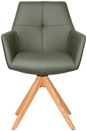 Grüner Armlehnstuhl mit Holzbeinen, Frontalansicht