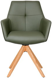 Grüner Armlehnstuhl mit Holzbeinen, Frontalansicht