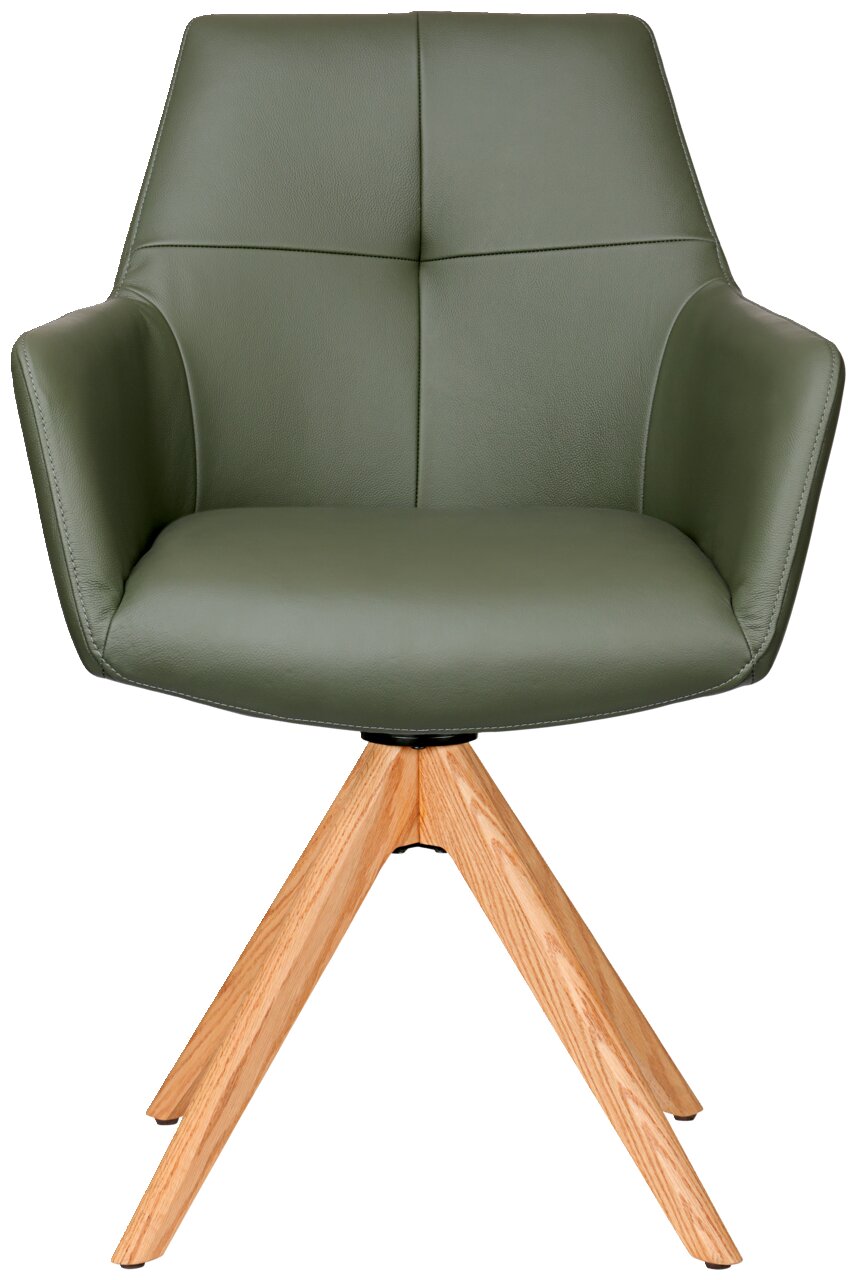 Grüner Armlehnstuhl mit Holzbeinen, Frontalansicht