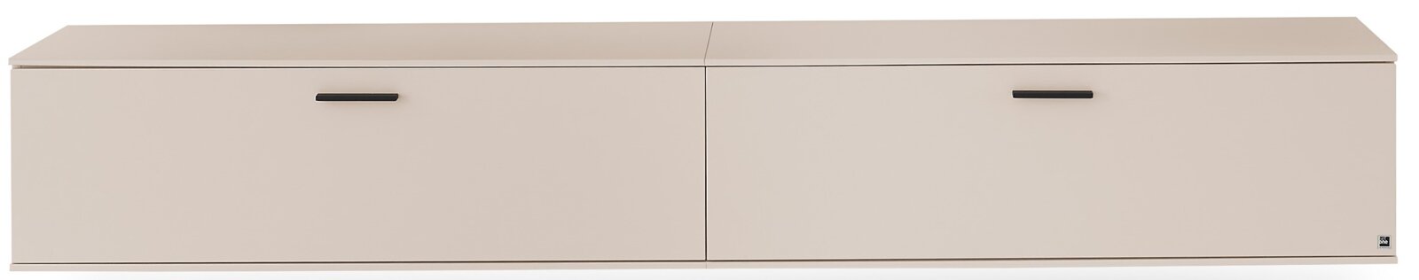 Beiges, minimalistisches Sideboard mit zwei Klapptüren und schwarzen Griffleisten, frontale Ansicht.