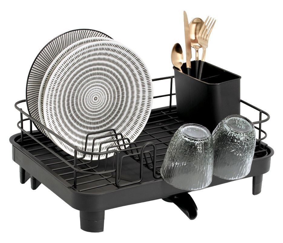 Zeller Present Geschirrabtropfständer Schwarzer Geschirrabtropfständer mit Tellern, Gläsern und Besteck, seitliche Perspektive