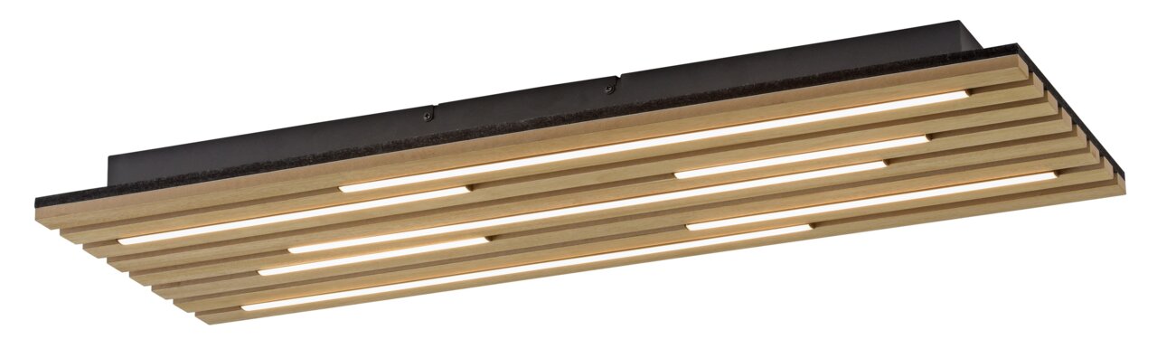 Moderne Deckenleuchte aus Holzlamellen mit integrierter Beleuchtung, seitliche Perspektive