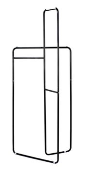 Schwarze Standgarderobe aus Metall mit minimalistischem Design, seitliche Perspektive