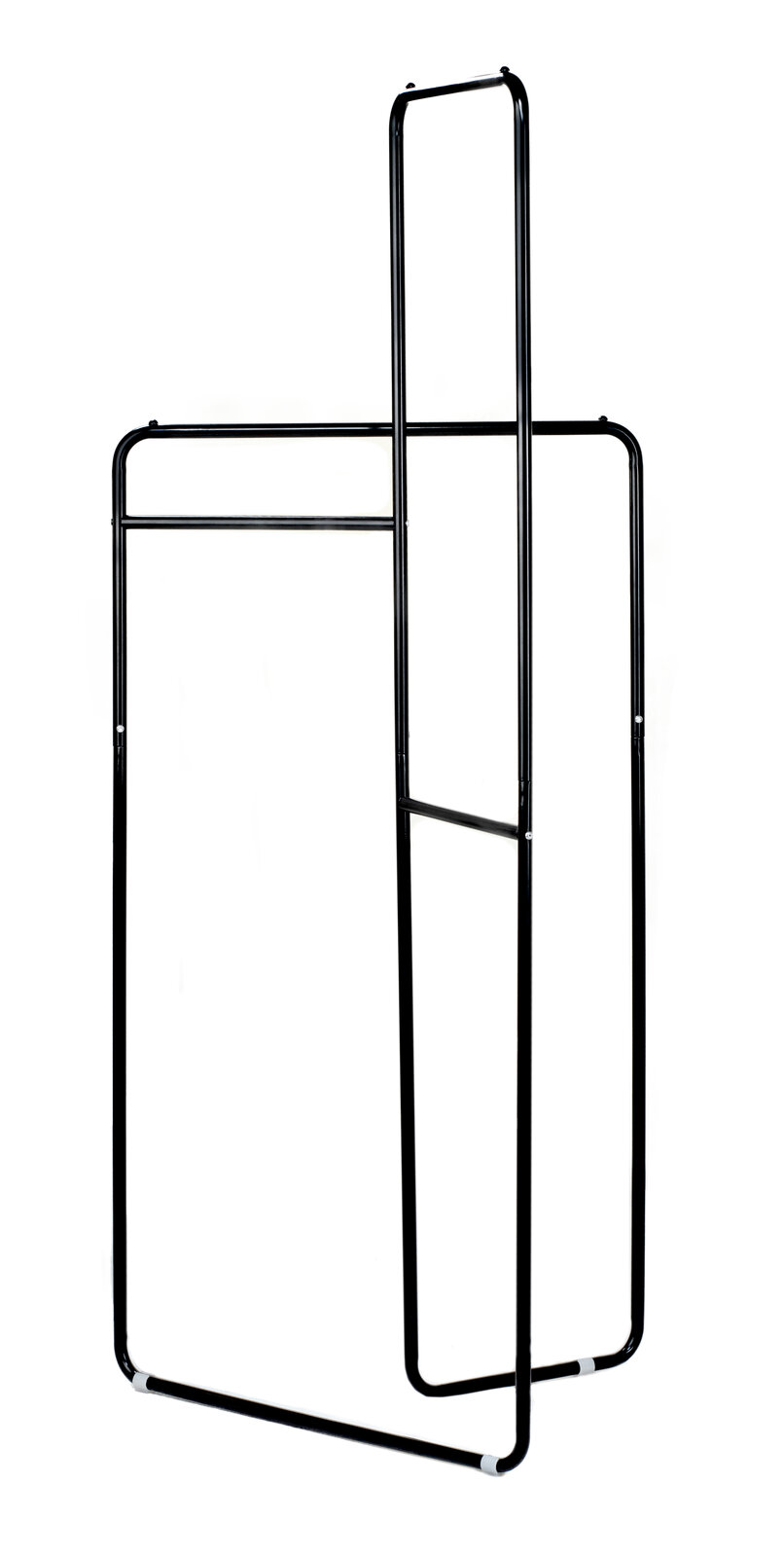 Schwarze Standgarderobe aus Metall mit minimalistischem Design, seitliche Perspektive