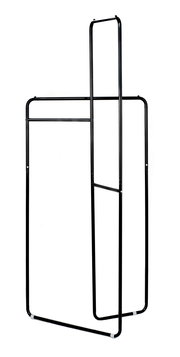 Schwarze Standgarderobe aus Metall mit minimalistischem Design, seitliche Perspektive