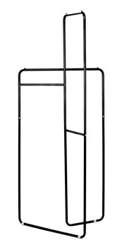 Schwarze Standgarderobe aus Metall mit minimalistischem Design, seitliche Perspektive