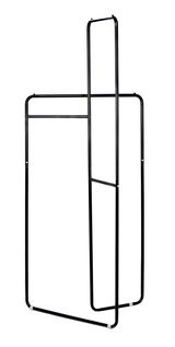 Schwarze Standgarderobe aus Metall mit minimalistischem Design, seitliche Perspektive