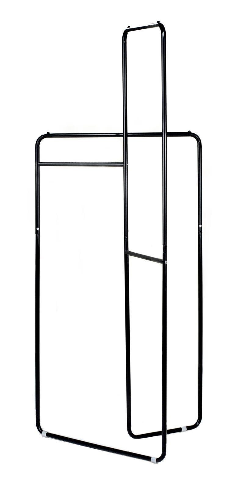 Schwarze Standgarderobe aus Metall mit minimalistischem Design, seitliche Perspektive