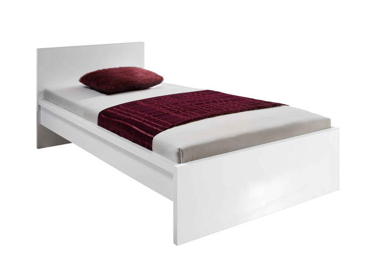 Z2 Bett MALMÖ Weißes Einzelbett mit Kopfteil, rotem Kissen und roter Decke, seitliche Perspektive