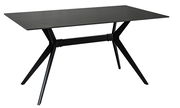 Moderner schwarzer Esstisch mit rechteckiger Tischplatte und schrägen Metallbeinen, seitliche Perspektive.