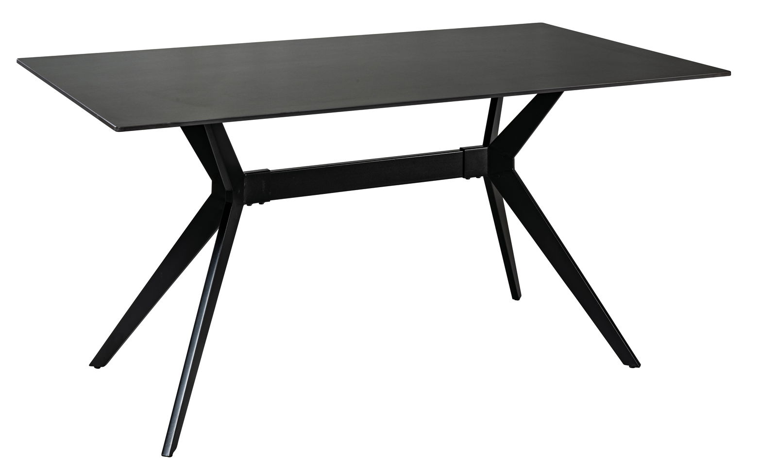Moderner schwarzer Esstisch mit rechteckiger Tischplatte und schrägen Metallbeinen, seitliche Perspektive.