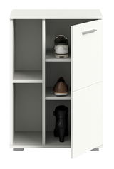 Weiße Schuhkommode mit mehreren Fächern, teilweise mit Schuhen gefüllt, Ansicht von vorne