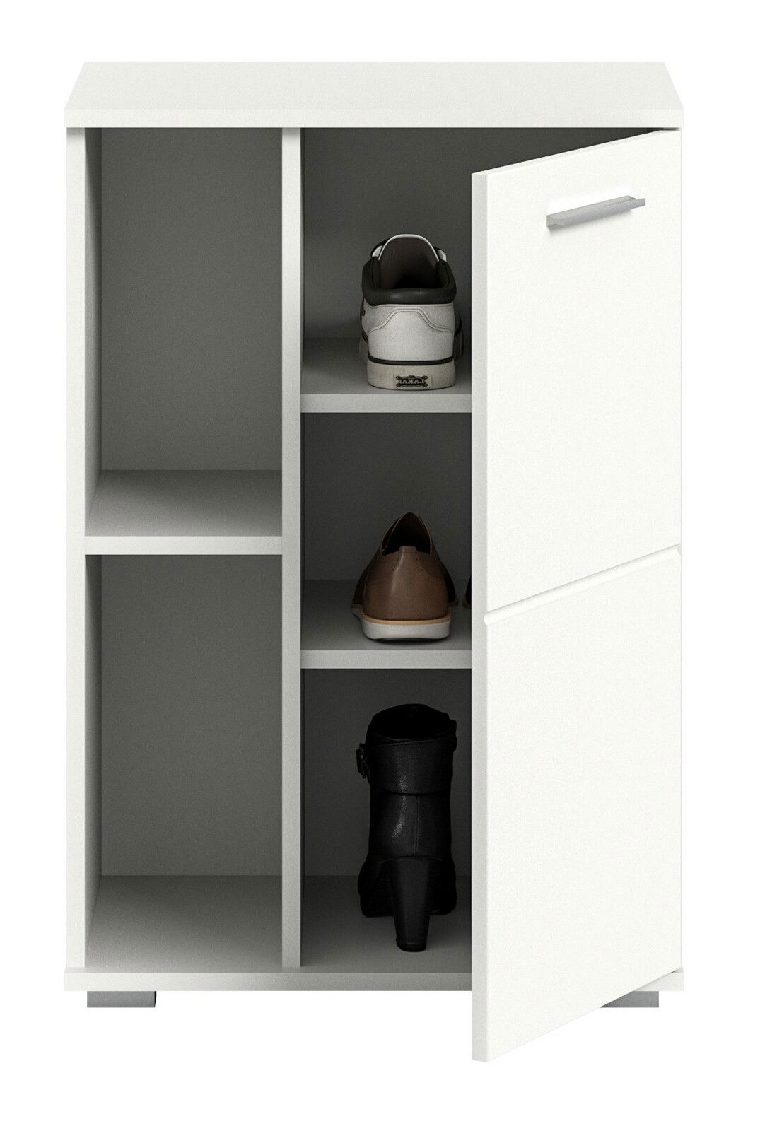 Weiße Schuhkommode mit mehreren Fächern, teilweise mit Schuhen gefüllt, Ansicht von vorne