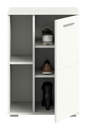 Weiße Schuhkommode mit mehreren Fächern, teilweise mit Schuhen gefüllt, Ansicht von vorne