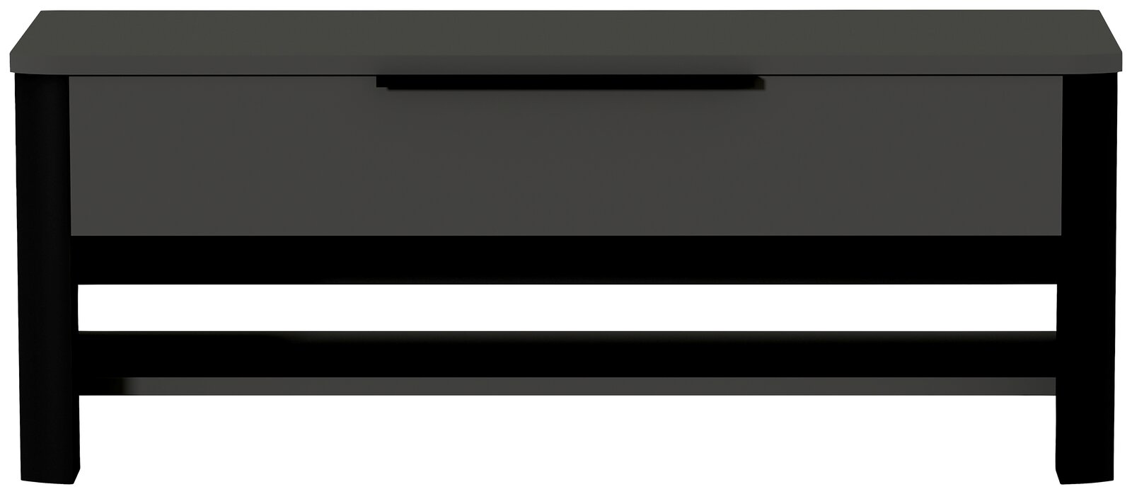 Garderobenbank in dunklem Design, frontal betrachtet mit Stauraum und Ablagefläche.