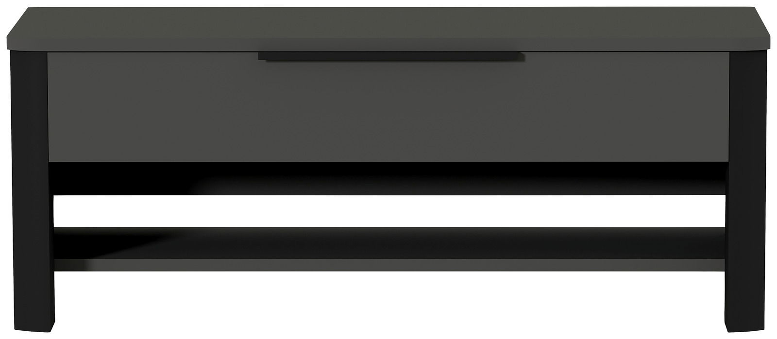 Garderobenbank in dunklem Design, frontal betrachtet mit Stauraum und Ablagefläche.