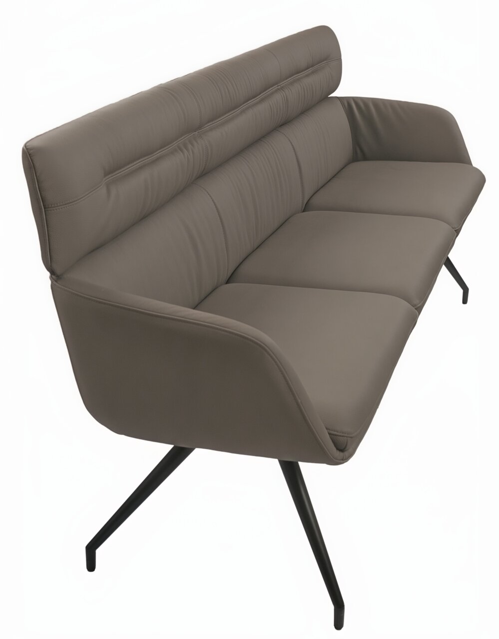 Moderne Sitzbank 220 in braunem Leder mit schwarzem Metallgestell, seitliche Perspektive