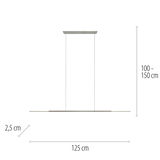 Seitenansicht einer modernen Pendelleuchte PURE Surface von Paul Neuhaus mit einer Länge von 125 cm, einer Breite von 2,5 cm und einer variablen Höhe von 100 bis 150 cm.