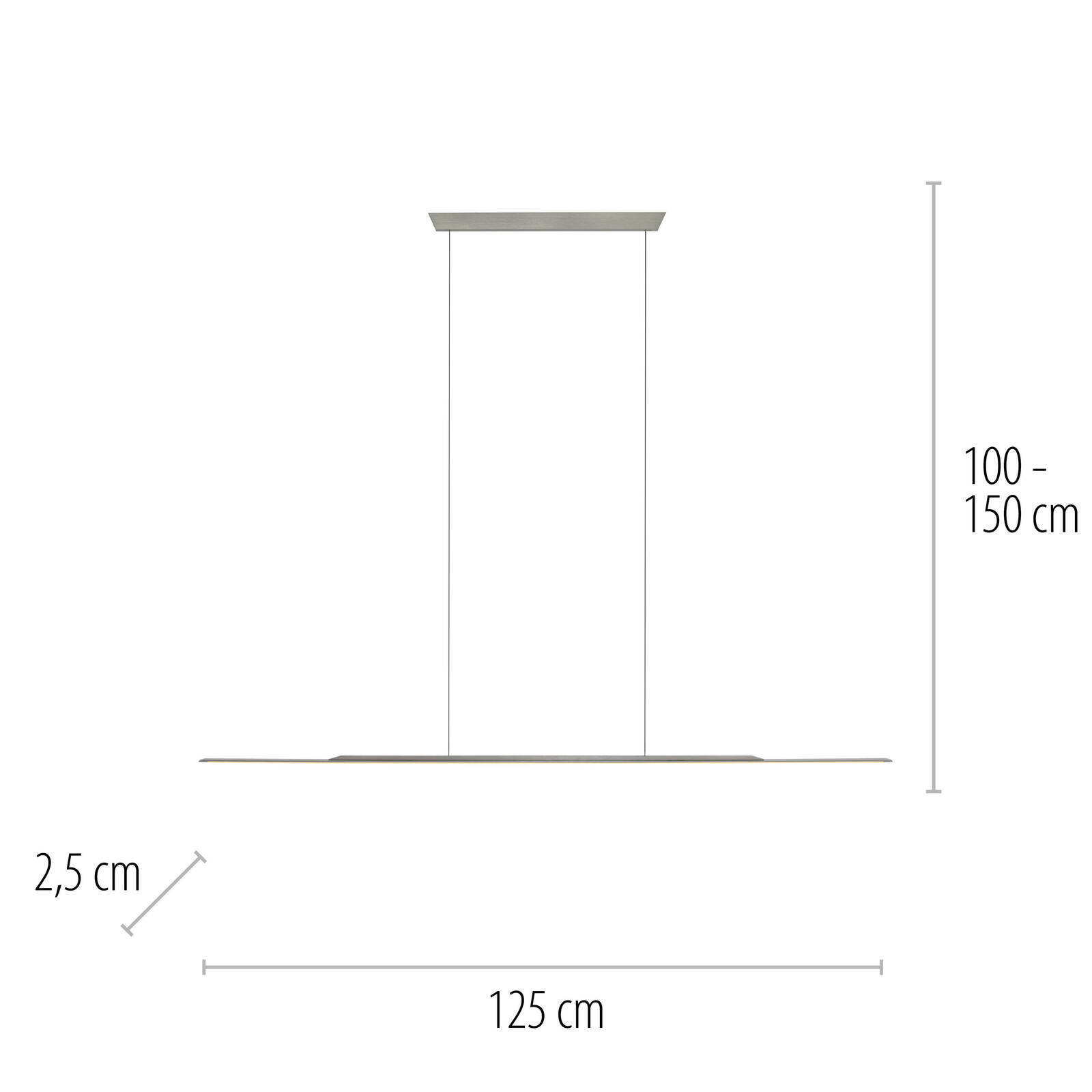 Seitenansicht einer modernen Pendelleuchte PURE Surface von Paul Neuhaus mit einer Länge von 125 cm, einer Breite von 2,5 cm und einer variablen Höhe von 100 bis 150 cm.