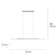 Seitenansicht einer modernen Pendelleuchte PURE Surface von Paul Neuhaus mit einer Länge von 125 cm, einer Breite von 2,5 cm und einer variablen Höhe von 100 bis 150 cm.