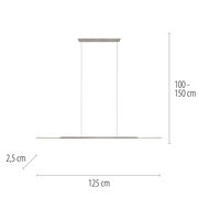 Seitenansicht einer modernen Pendelleuchte PURE Surface von Paul Neuhaus mit einer Länge von 125 cm, einer Breite von 2,5 cm und einer variablen Höhe von 100 bis 150 cm.
