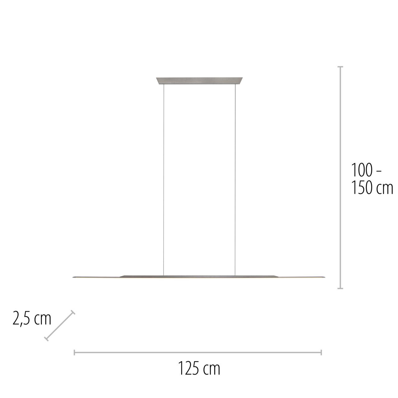 Seitenansicht einer modernen Pendelleuchte PURE Surface von Paul Neuhaus mit einer Länge von 125 cm, einer Breite von 2,5 cm und einer variablen Höhe von 100 bis 150 cm.