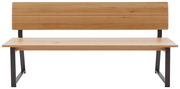 Holzbank mit Rückenlehne und Metallbeinen, Frontalansicht