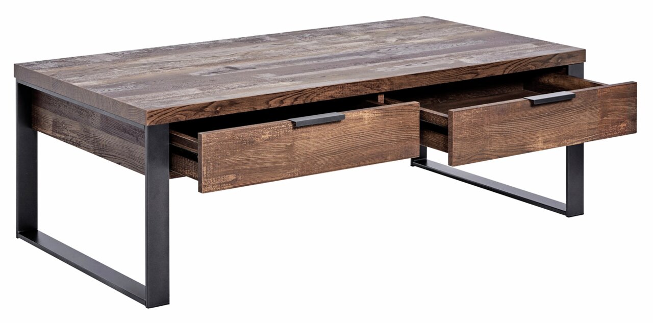 Moderner Couchtisch aus Holz mit zwei offenen Schubladen und Metallbeinen, seitliche Perspektive