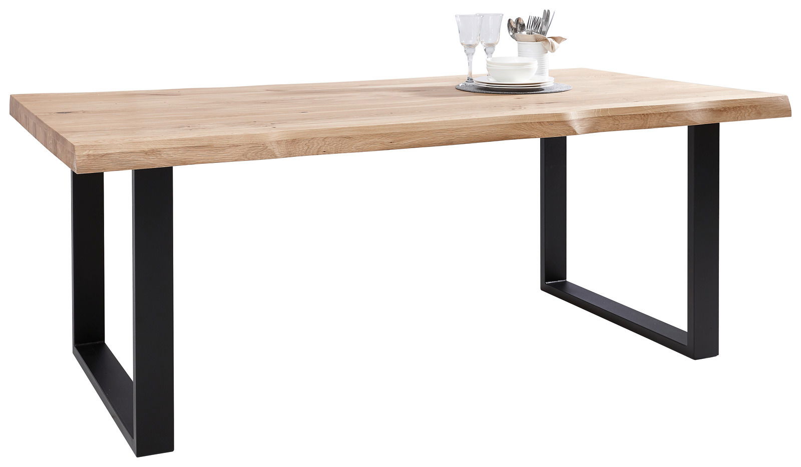 Moderner Esstisch aus Holz mit schwarzem Metallgestell, seitliche Perspektive