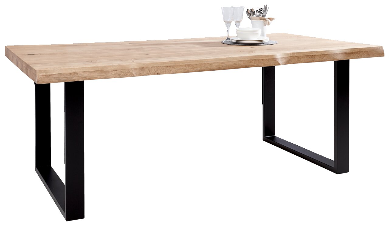 Moderner Esstisch aus Holz mit schwarzem Metallgestell, seitliche Perspektive