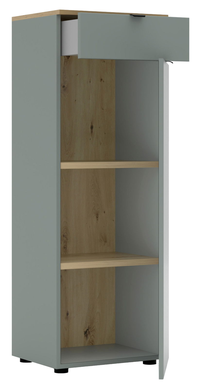 Büroschrank mit geöffneter Schublade und Tür, aus grauem Material mit Holzelementen, frontal betrachtet