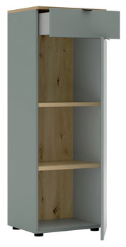 Büroschrank mit geöffneter Schublade und Tür, aus grauem Material mit Holzelementen, frontal betrachtet