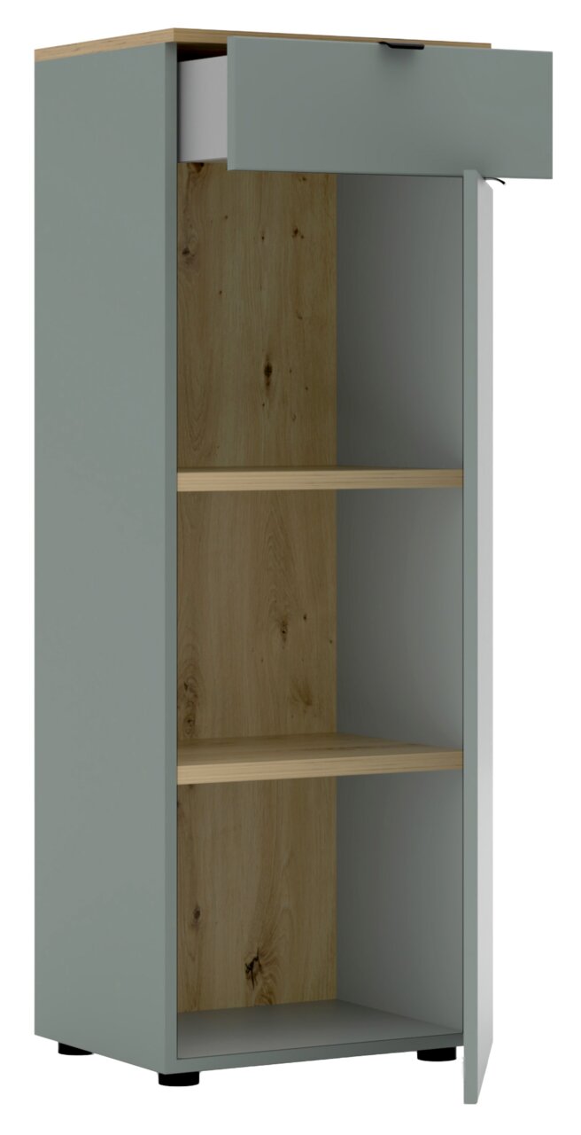 Büroschrank mit geöffneter Schublade und Tür, aus grauem Material mit Holzelementen, frontal betrachtet