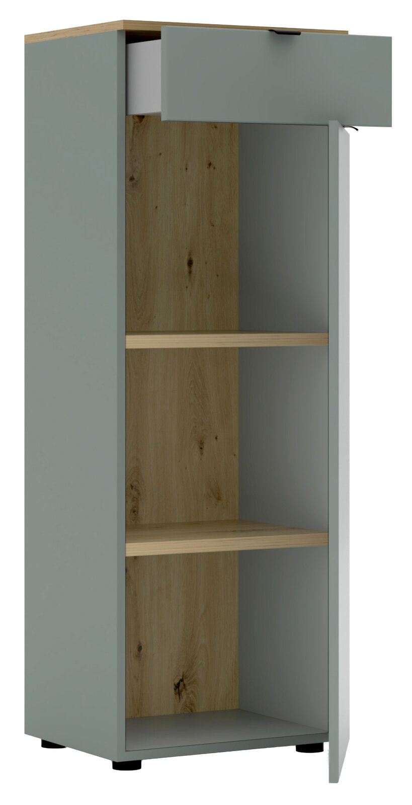 Büroschrank mit geöffneter Schublade und Tür, aus grauem Material mit Holzelementen, frontal betrachtet